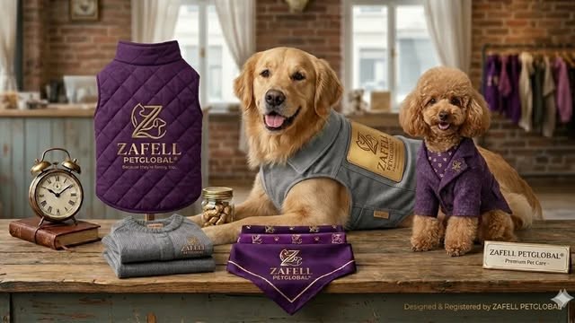 Mor kapitone yelek ve farklı kıyafetlerle köpekler; Zafell marka sunumu