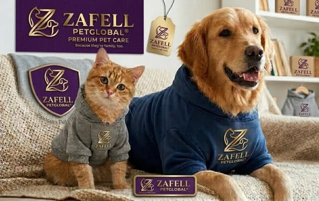 Gri kıyafet giyen kedi ve lacivert kapüşonlu üst giyen köpek; Zafell marka sunumu